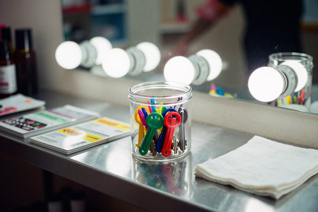 Beauty Supply Key Jar Under Mirror Light in in a beauty supply area under white LEDs in Cochabamba