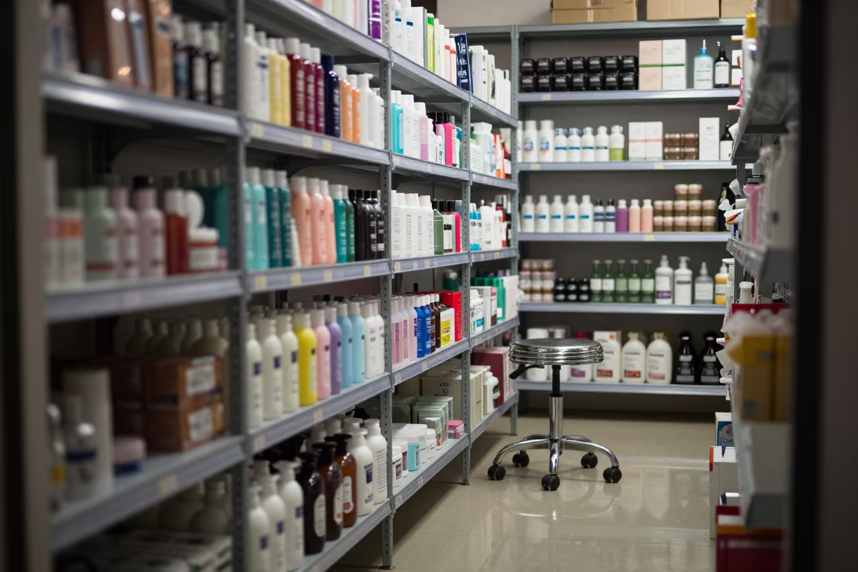 Beauty Supply Shelf Stool Predawn Changsha in in a beauty supply area under white LEDs in Changsha