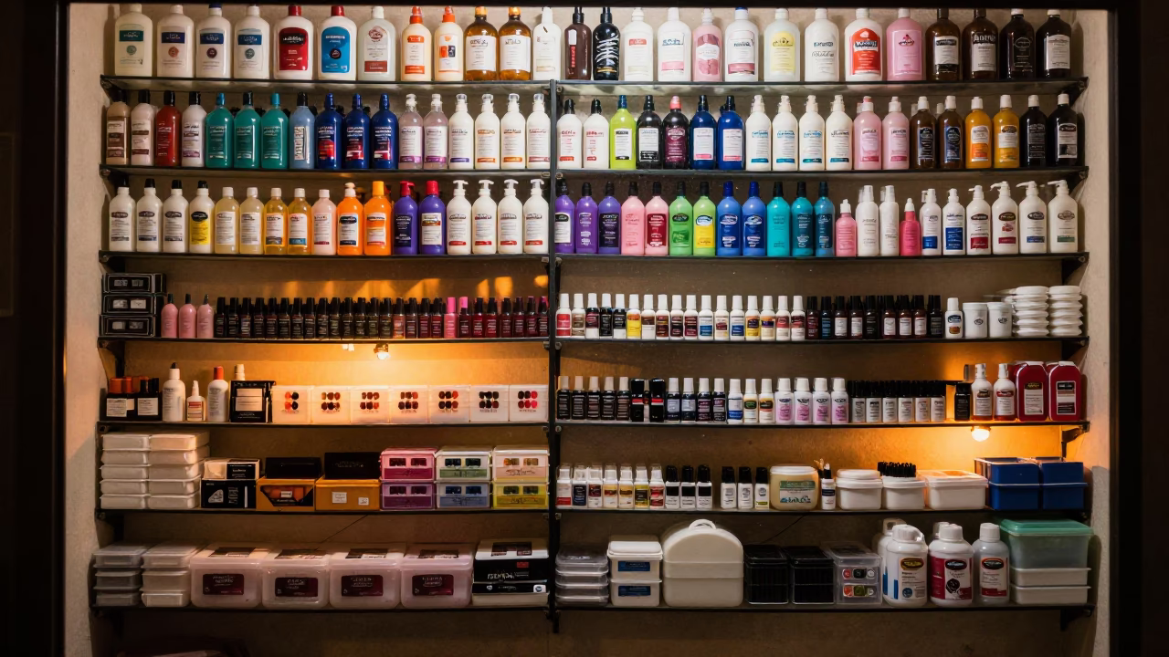 Beauty Supply Wall in Sana'a Under Firelight in inside a nail studio in Sana'a