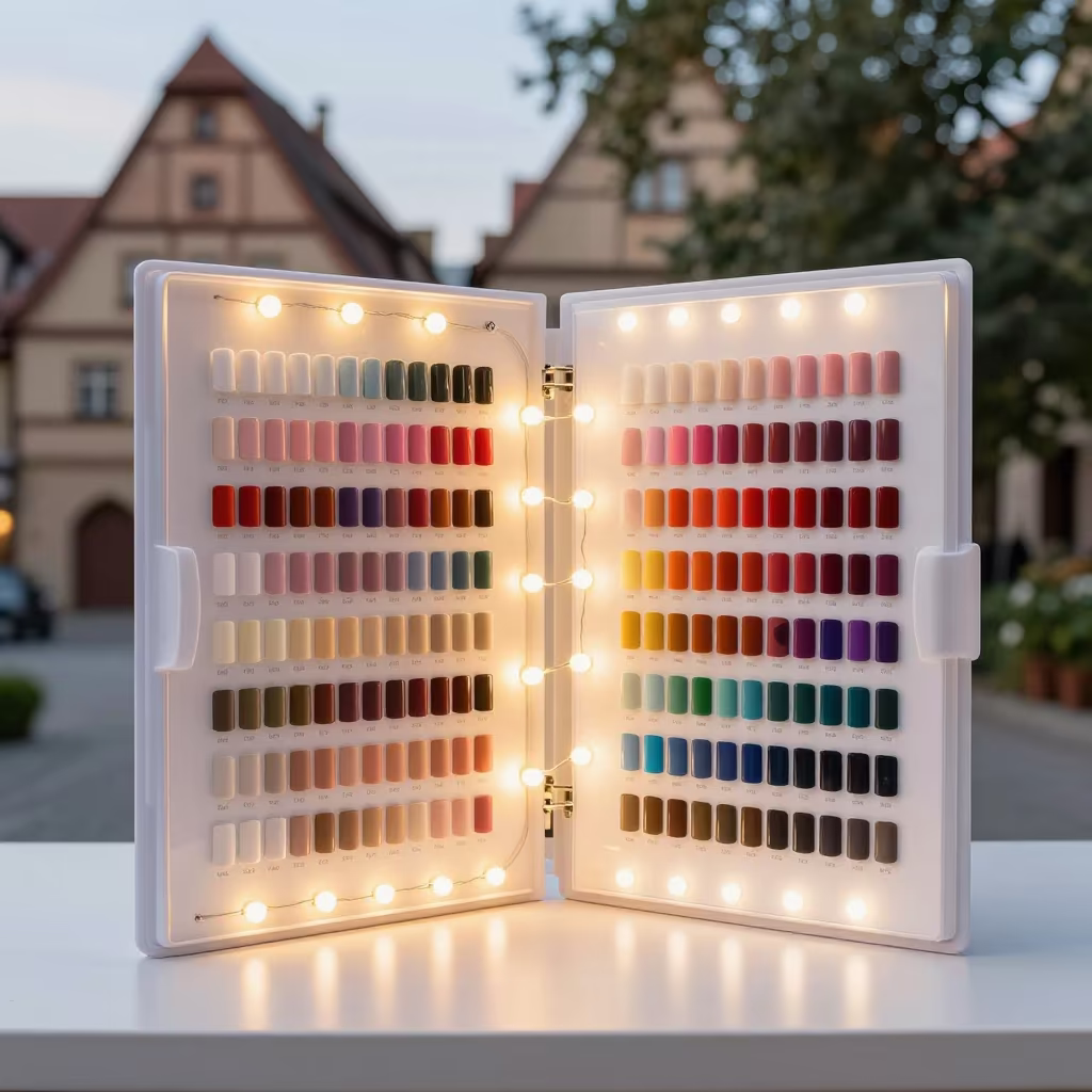 Beauty Swatch Binder Rack Before First Client in in a beauty supply area under white LEDs near Rothenburg