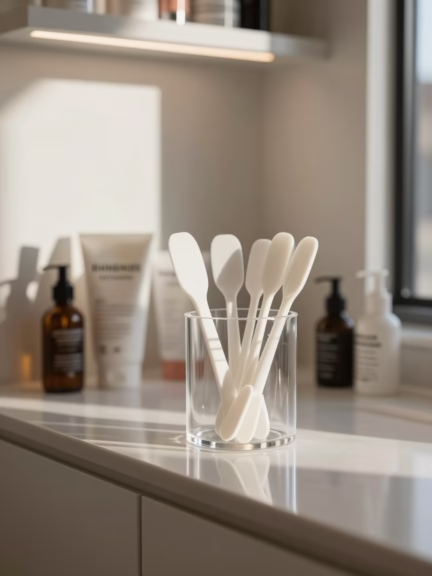 Beauty Tester Spatula Dispenser Late Autumn Afternoon in in a beauty supply area under white LEDs near Spokane