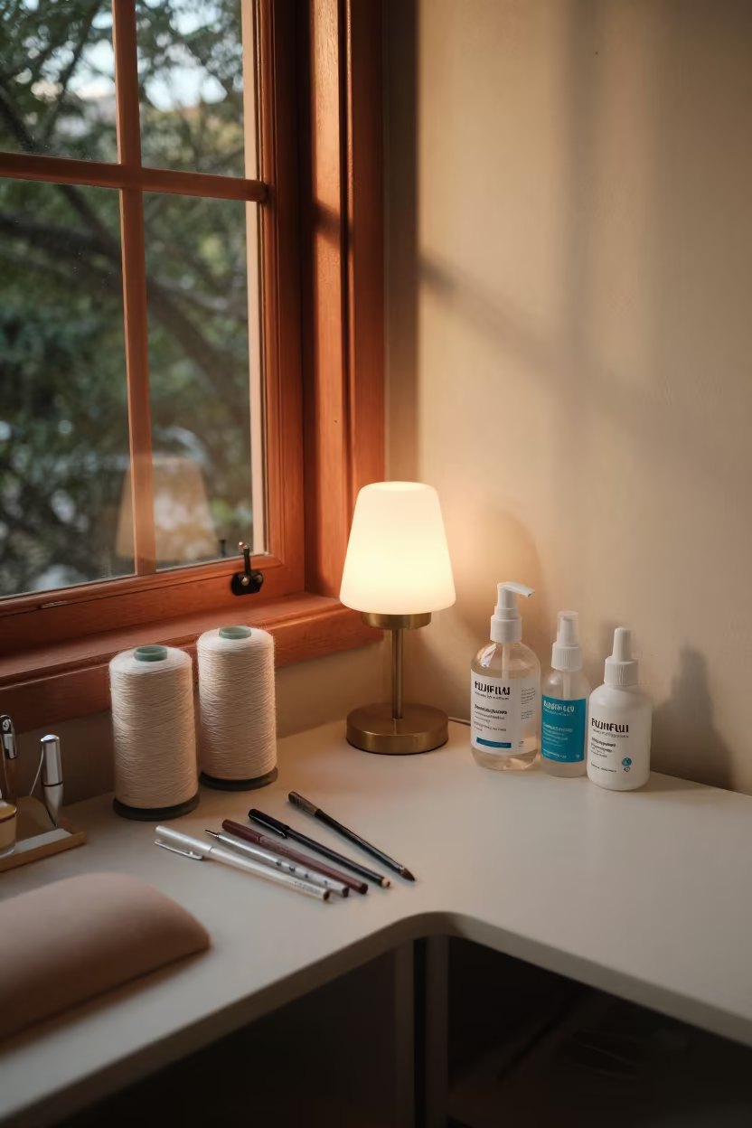 Beauty Tools in Copper Window Light After Rain in inside a nail studio near Hangzhou