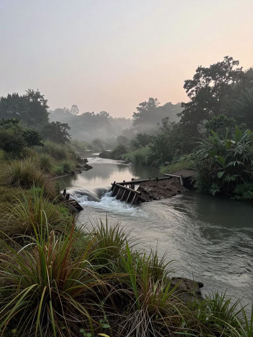 Beaver Dam Across Glacial Stream at Dawn in above a glacial stream near Guangzhou