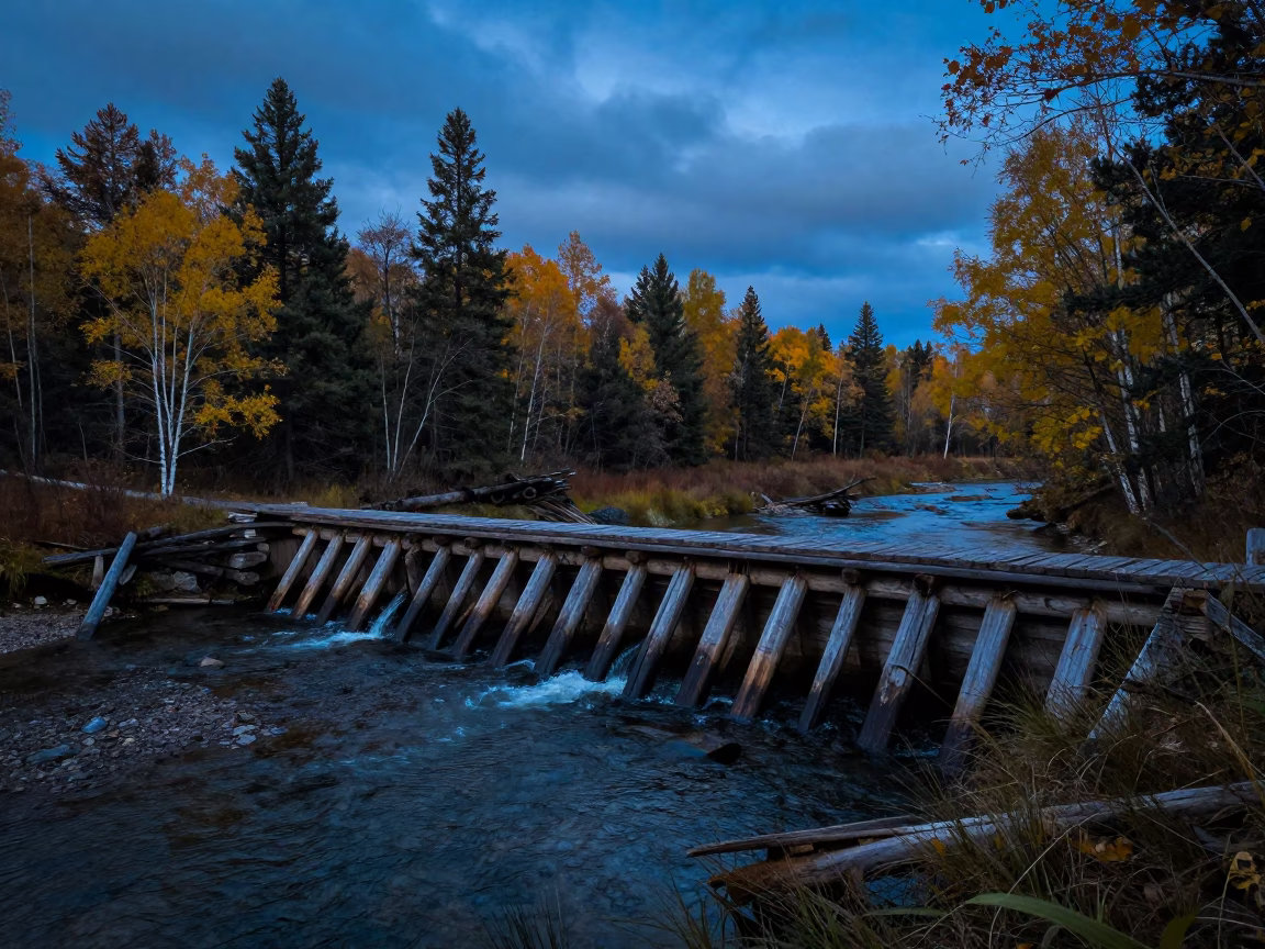 Beaver Dam on Wind-Scoured Ridge at Twilight in on a wind-scoured ridge near Osh