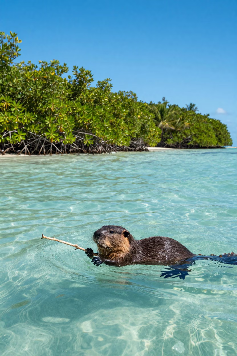 Beaver Swimming With Branch in Jamaica Waters in in Jamaica
