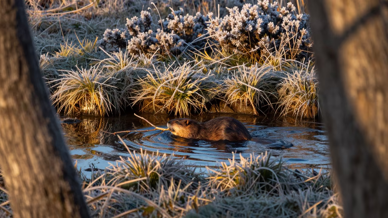 Beaver Swimming with Branch on Wind-Scoured Ridge in on a wind-scoured ridge in Montenegro