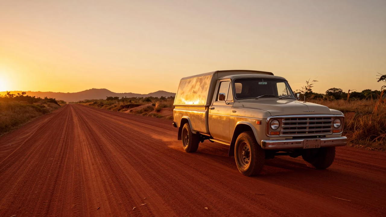 Bedford Truck on Red Dirt Highway at Sunset in Fiji in in Fiji