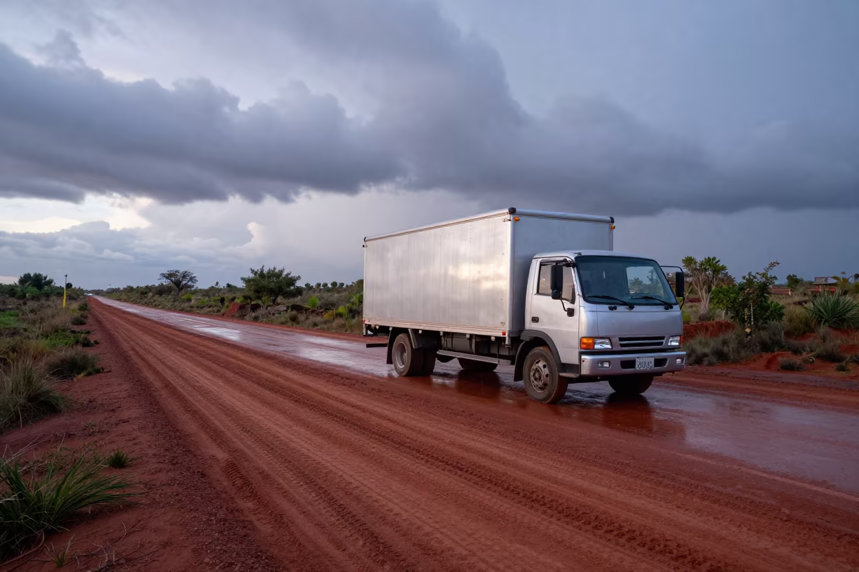 Bedford Truck on Red Dirt Road Before Dawn in near Oaxaca