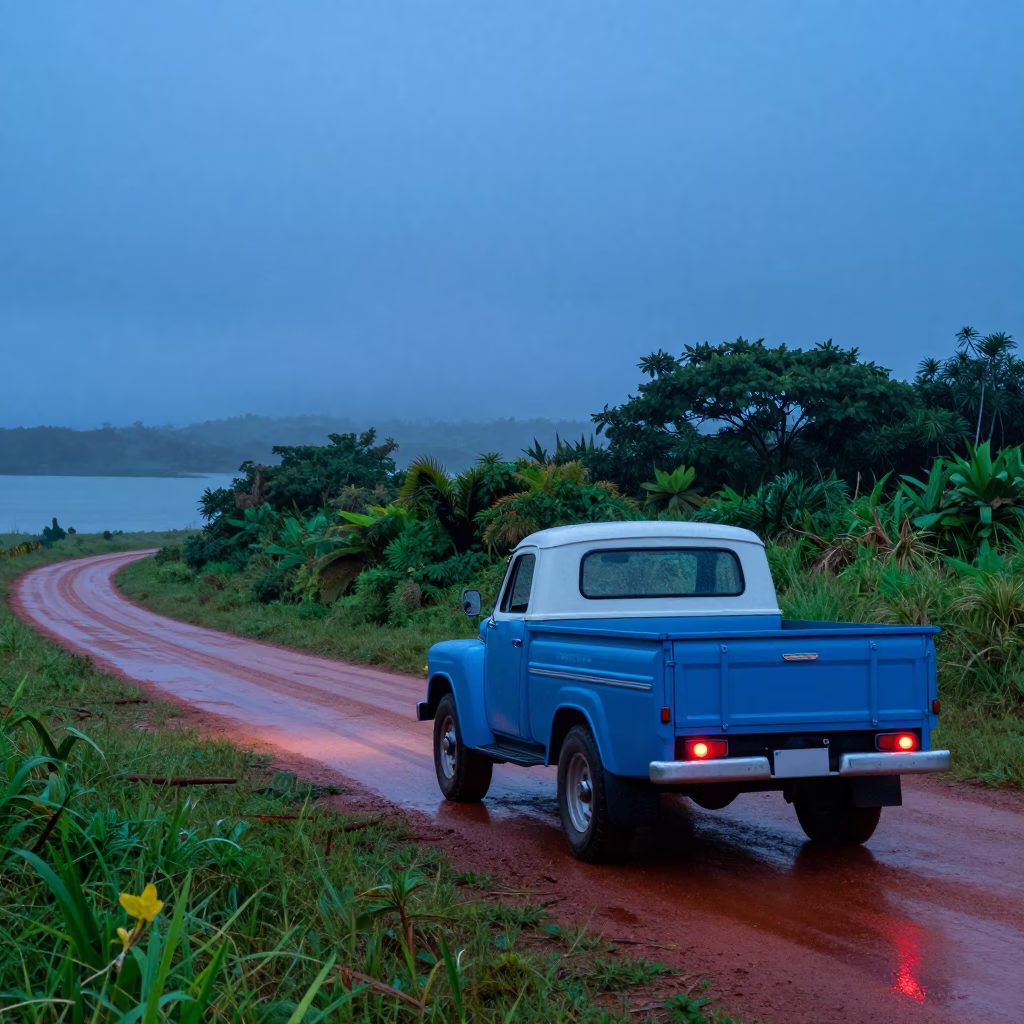 Bedford Truck on Red Dirt Road Near Foggy Harbor in beside a fogbound harbor mouth in Minas Gerais