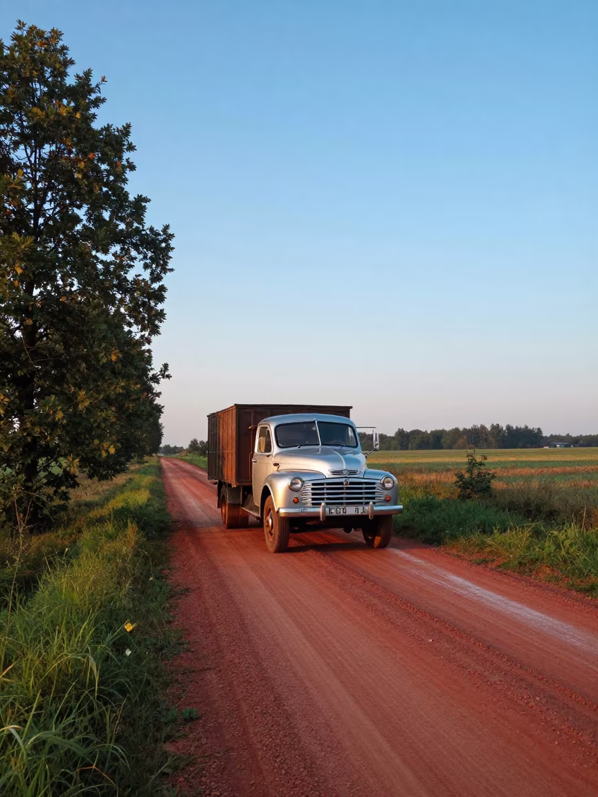 Bedford Truck on Red Dirt Road in Monsoon Czech Dawn in across a remote ferry crossing in Czech Republic