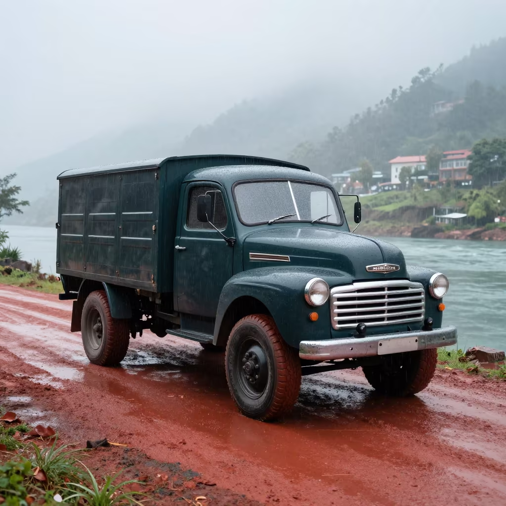 Bedford Truck Beside Foggy Sikkim Harbor Rain in beside a fogbound harbor mouth in Sikkim
