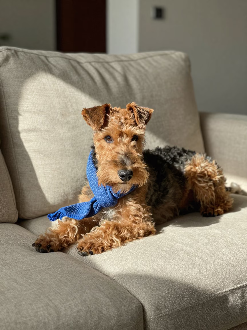 Bedlington Terrier on Linen Sofa in Korhogo Light in on a linen sofa with daylight from a nearby window near Korhogo