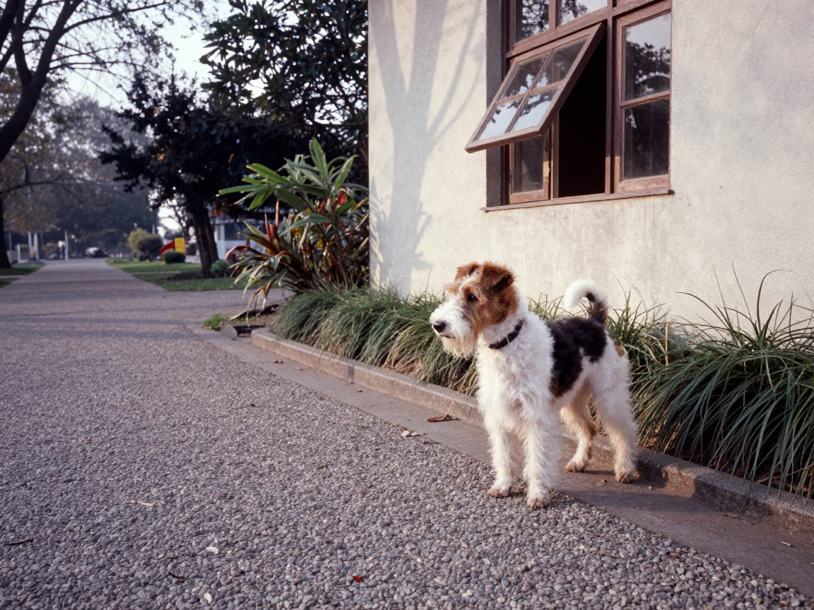Bedlington Terrier on Nanjing Park Path Morning Light in near a garden edge with soft morning light and an uncluttered background in Nanjing