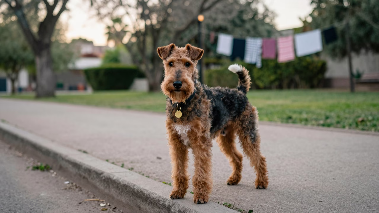 Bedlington Terrier on Quiet Park Path Morning Light in near a garden edge with soft morning light and an uncluttered background in Aguascalientes