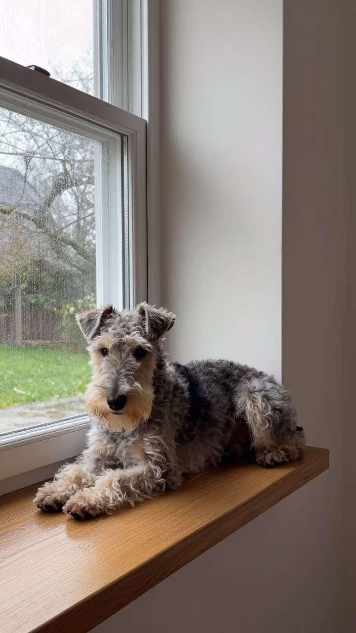 Bedlington Terrier on Window Seat at Dawn in on a window seat in a quiet apartment with soft side light near Conakry