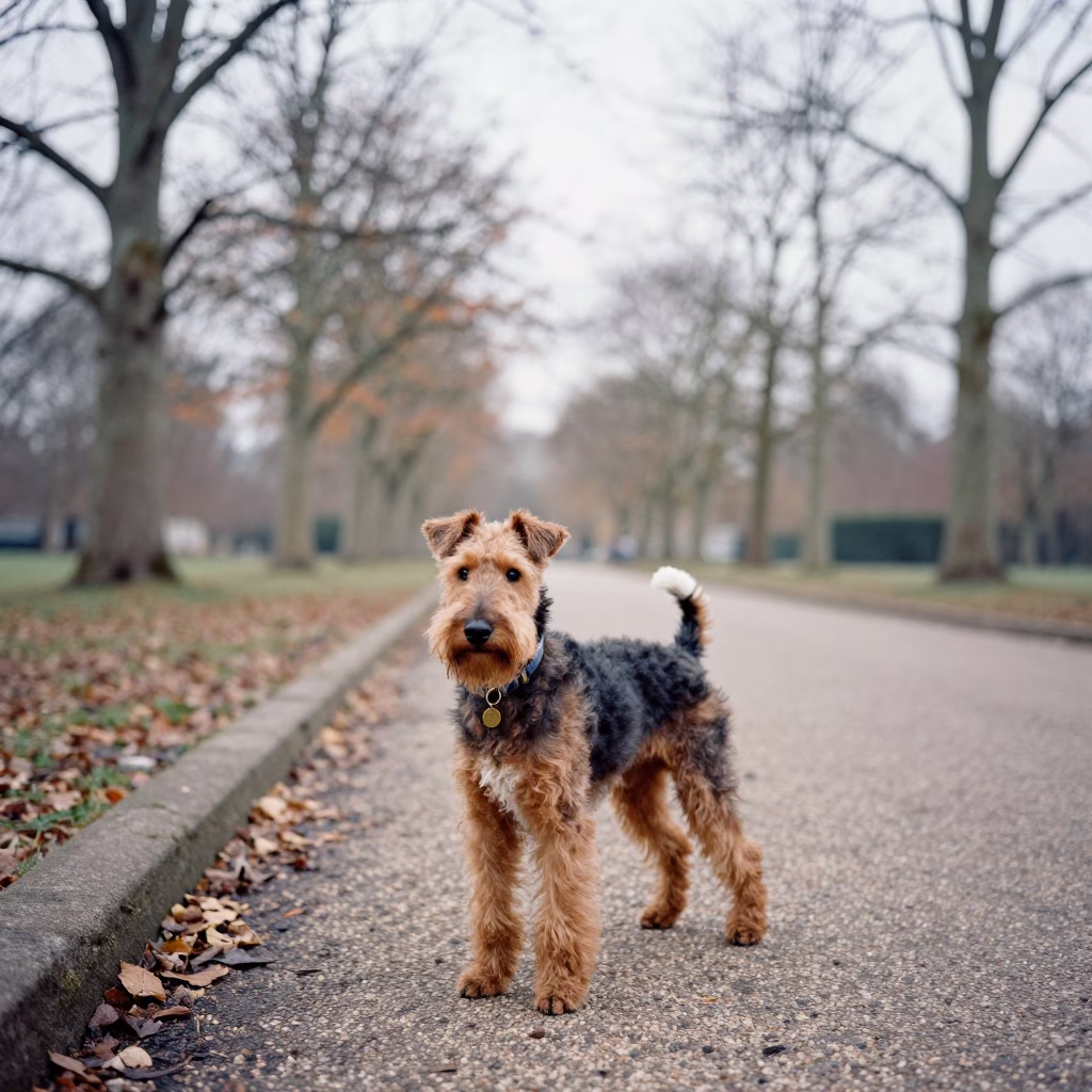 Bedlington Terrier on Wuhan Park Path in Late Autumn in along a quiet park path with soft open shade and a clean background in Wuhan