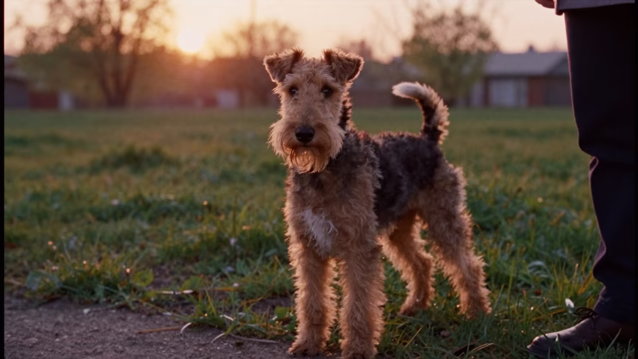 Bedlington Terrier Portrait Golden Hour in near a garden edge with soft morning light and an uncluttered background in Obninsk
