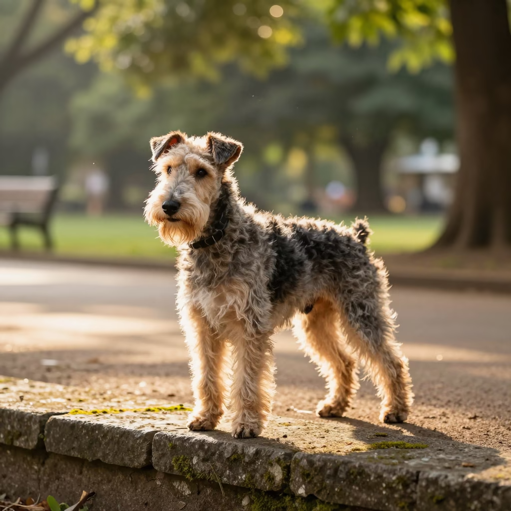Bedlington Terrier Portrait in Yaounde Park Shade in along a quiet park path with soft open shade and a clean background in Yaounde
