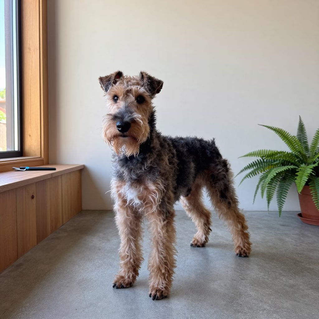 Bedlington Terrier Portrait in Yola Studio in in a quiet portrait studio with a plain backdrop and eye-level framing in Yola