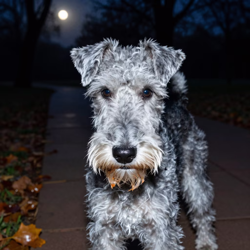 Bedlington Terrier Portrait Moonlit Park Path in along a quiet park path with soft open shade and a clean background in Ghaziabad