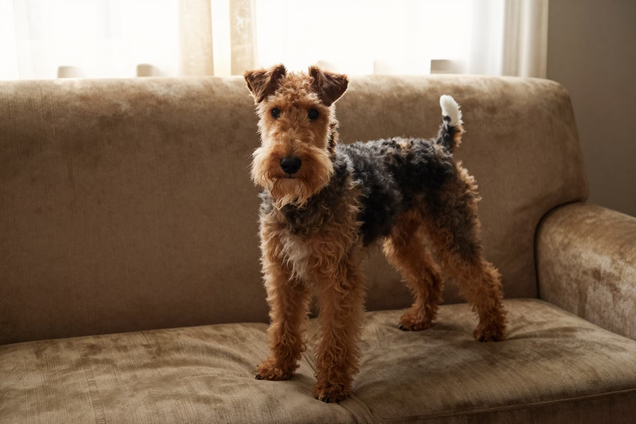 Bedlington Terrier Portrait Near Curtained Window in Nanchang in on a sofa near a curtained window with calm indoor light in Nanchang