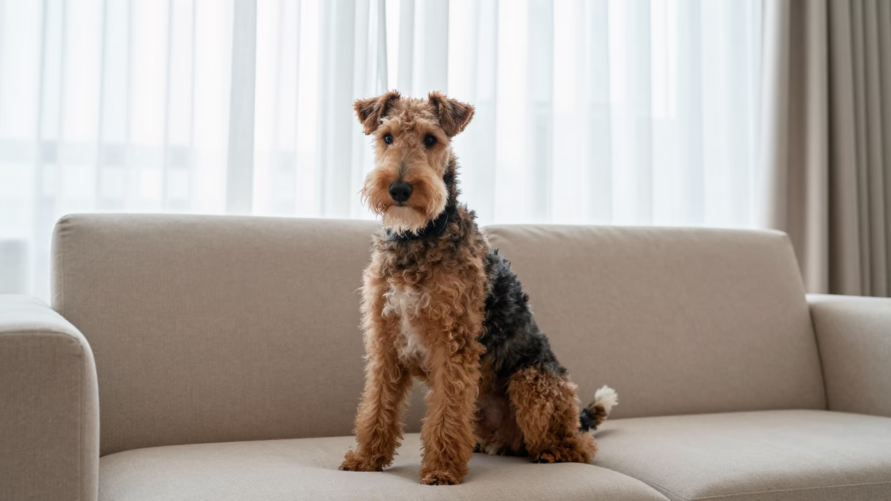 Bedlington Terrier Portrait Near Window in Abu Dhabi in on a sofa near a curtained window with calm indoor light near Abu Dhabi