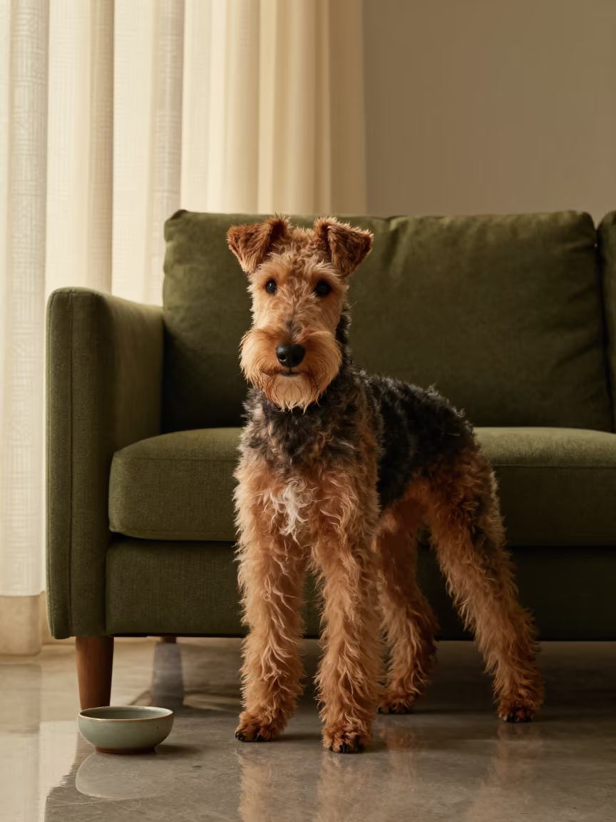 Bedlington Terrier Portrait Near Window in on a sofa near a curtained window with calm indoor light in Russeifa