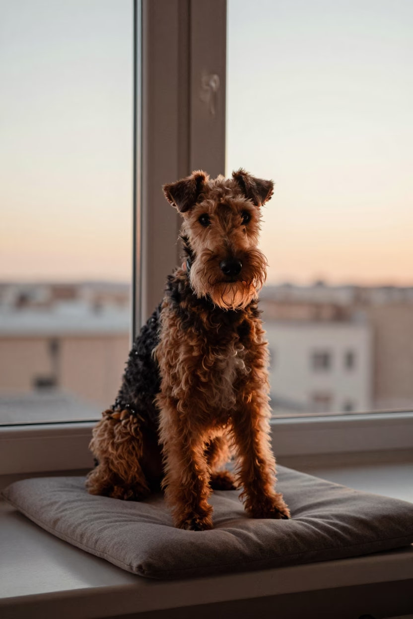 Bedlington Terrier Portrait on Ashgabat Window Seat in on a cushioned window seat with soft side light and an uncluttered background in Ashgabat