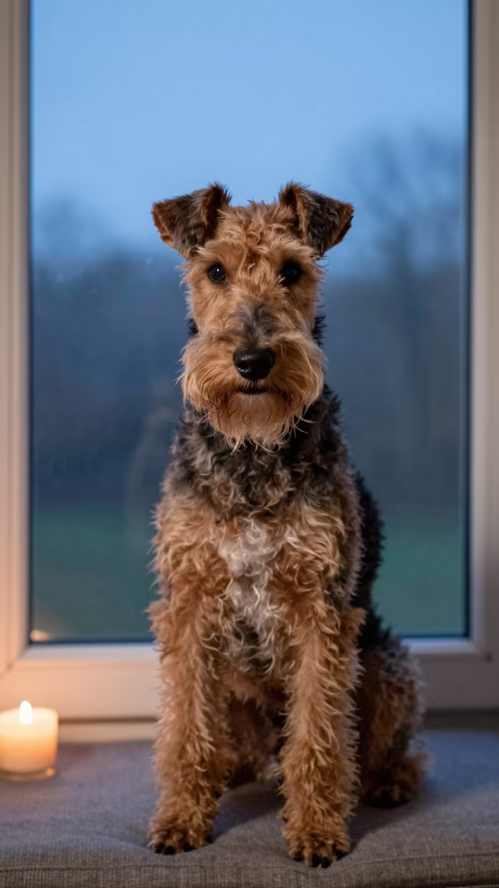 Bedlington Terrier Portrait on Window Seat in on a cushioned window seat with soft side light and an uncluttered background near Seiyun