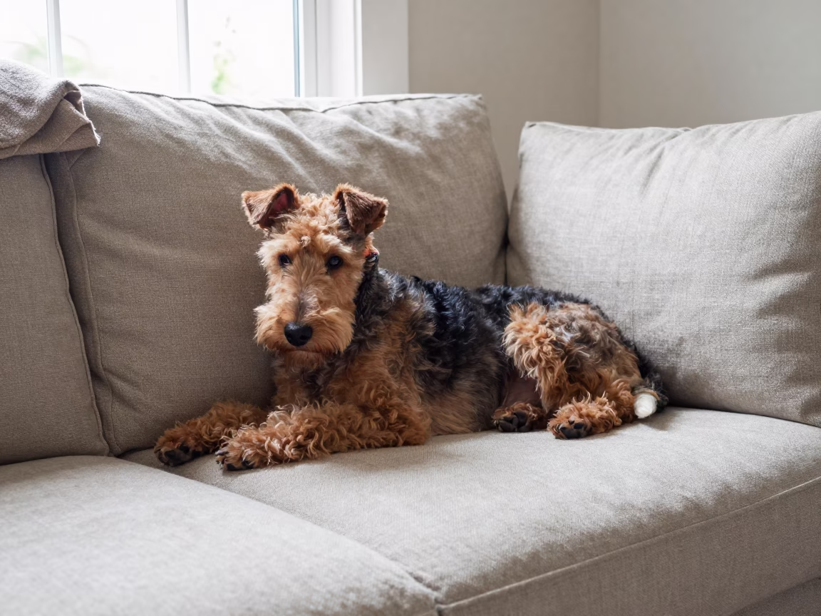Bedlington Terrier Resting on Linen Sofa in on a linen sofa with daylight from a nearby window near Ikeja