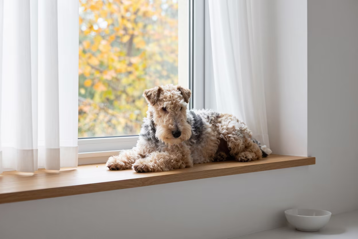 Bedlington Terrier Resting on Window Seat in Chongqing in on a window seat in a quiet apartment with soft side light in Chongqing