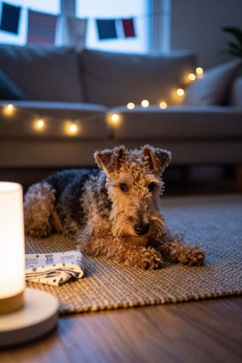Bedlington Terrier Resting on Woven Rug in Larache Home in on a woven rug beside a low couch and an uncluttered wall in Larache