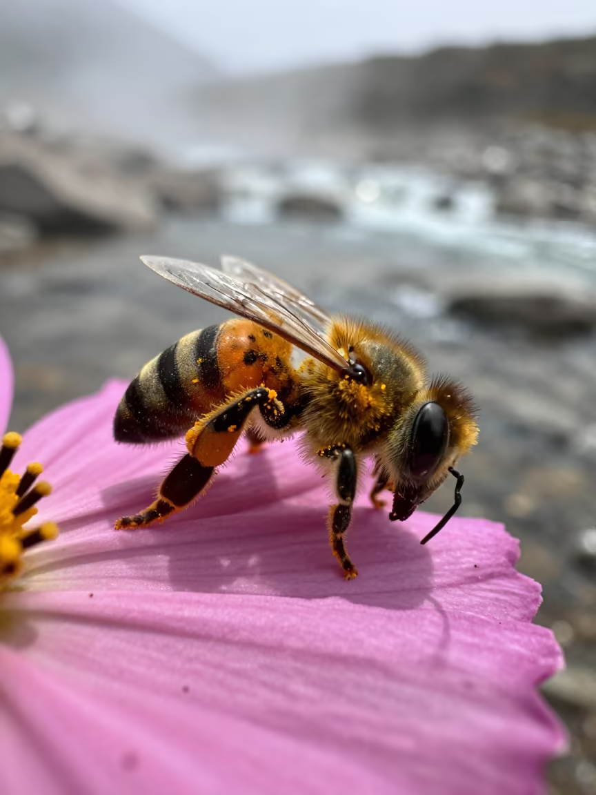 Bee Leg Pollen Dust on Petal Near Tianjin Stream in above a glacial stream near Tianjin