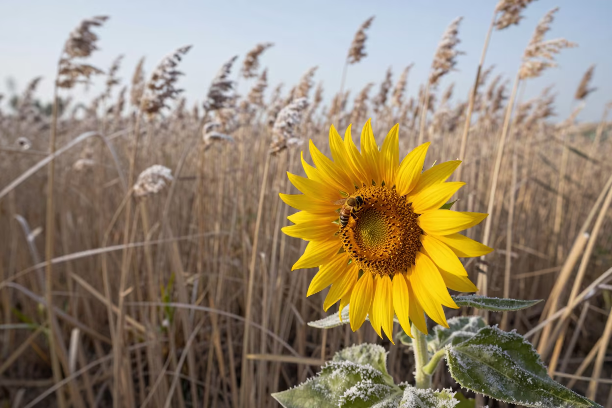 Bee on Sunflower in Saudi Reed Bed in at the edge of a reed bed in Saudi Arabia