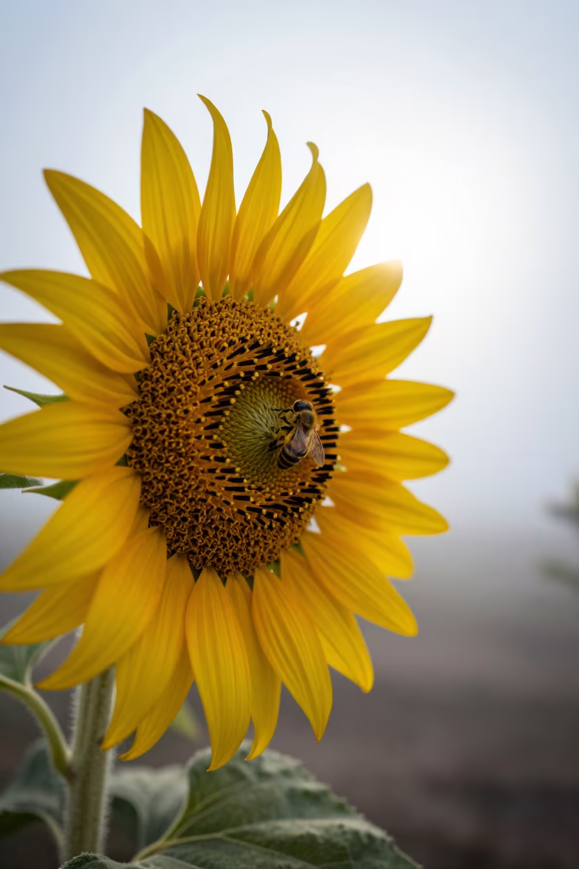 Bee on Sunflower in Margilan Winter Fog in near Margilan