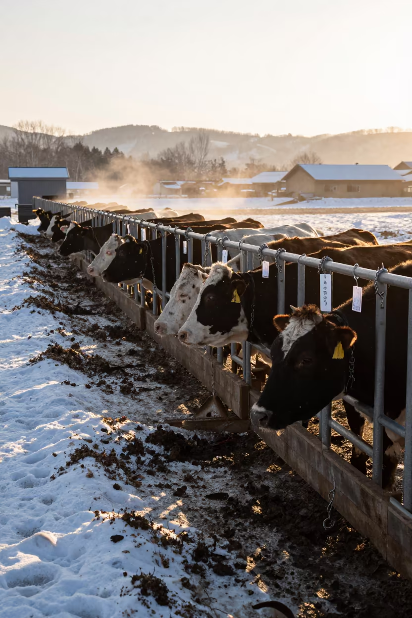 Beef Cattle in Hokkaido Dawn Snow in beside a pasture gate in Hokkaido