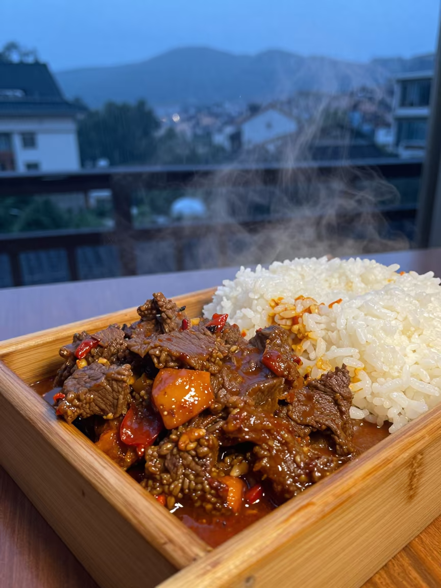 Beef Rendang Steamed Rice Tea House Tray in on a tea house tray in Guiyang