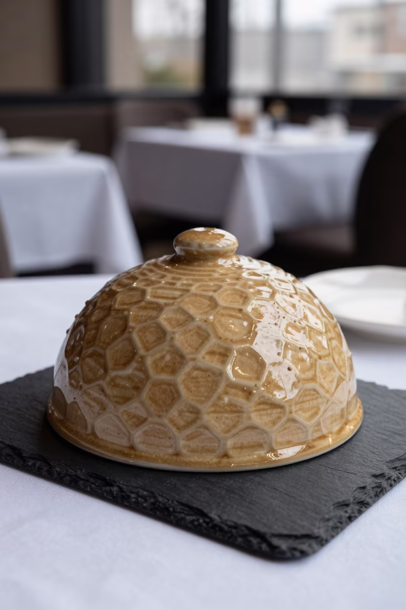 Beehive Ceramic Cheese Dome on Slate Table in on a linen-covered restaurant table in Changsha