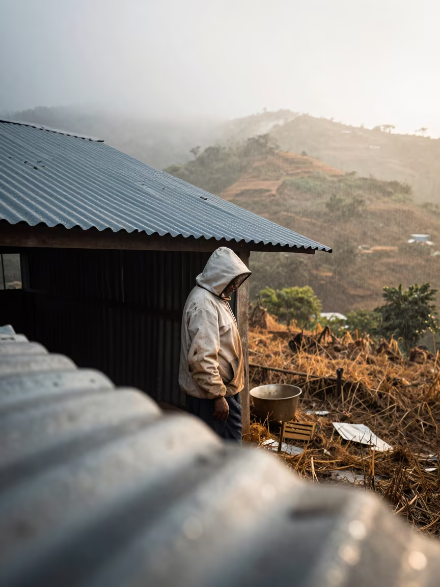 Beekeeper in Afternoon Light After Rain in on a hillside near Karaikudi