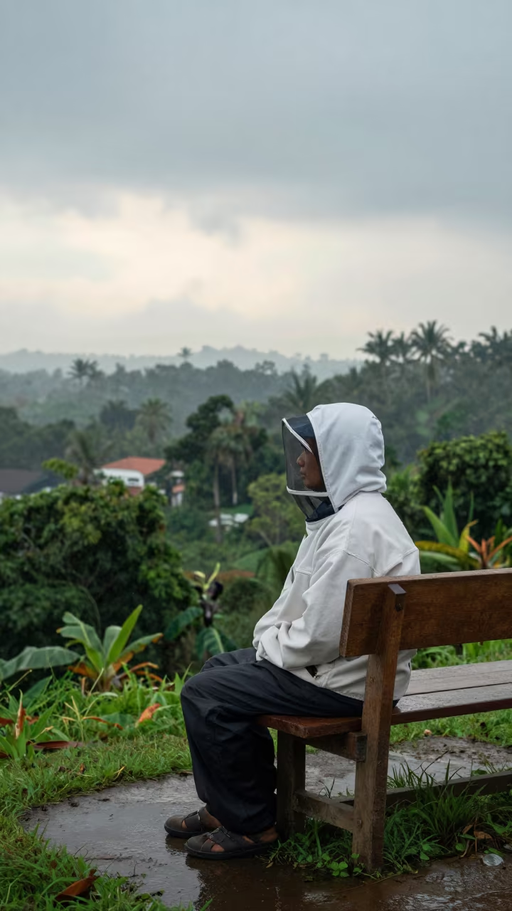 Beekeeper at Dawn in Ipoh Rainy Season in on a hillside near Ipoh