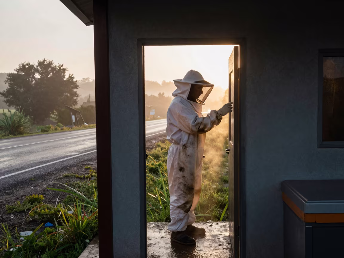 Beekeeper at Dawn Checking Detail at Roadside Doorway in at a roadside stop near Turmero
