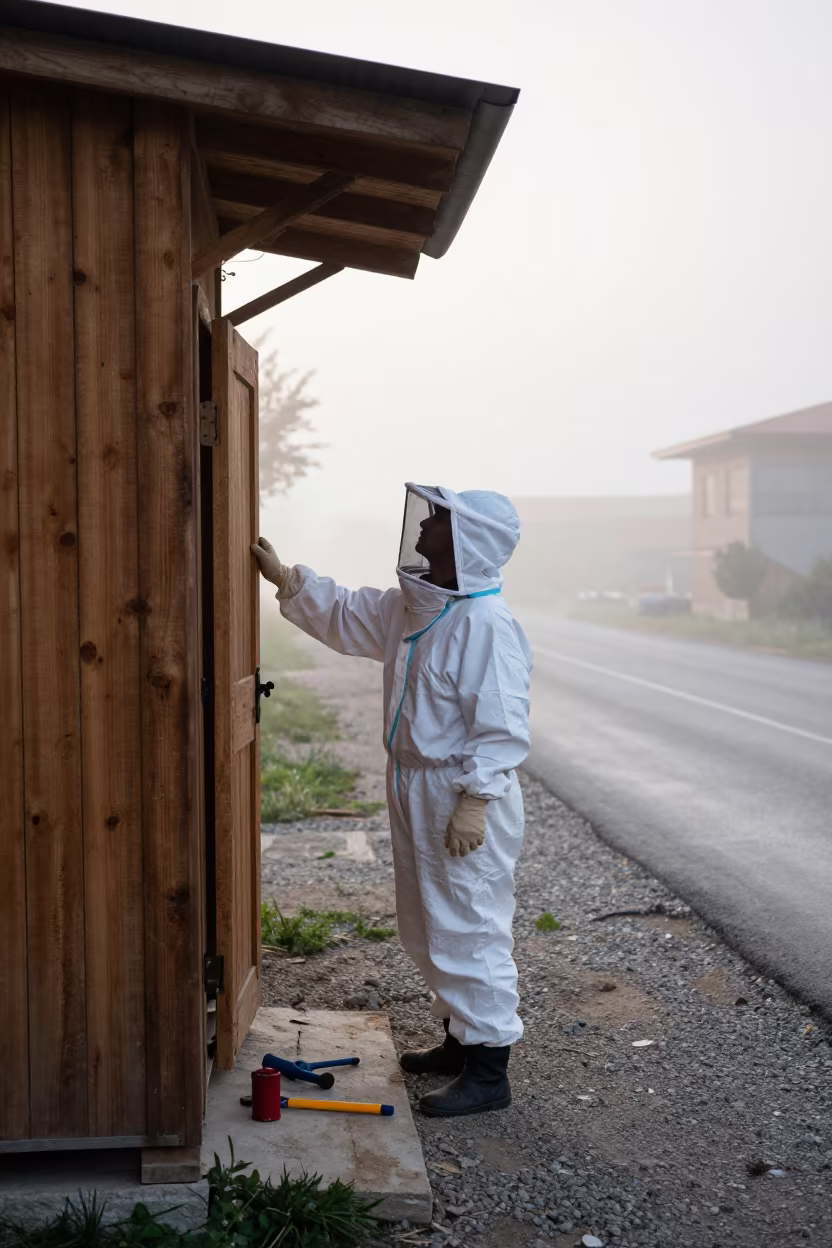 Beekeeper at Dawn Looking Up at Doorway in at a roadside stop near Ankara