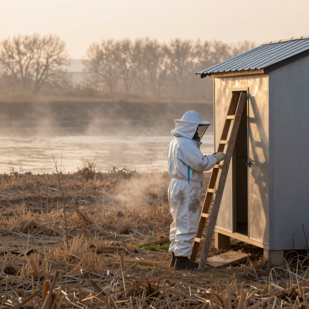Beekeeper at Dawn Beside Riverside Shed in near open fields near Taiyuan
