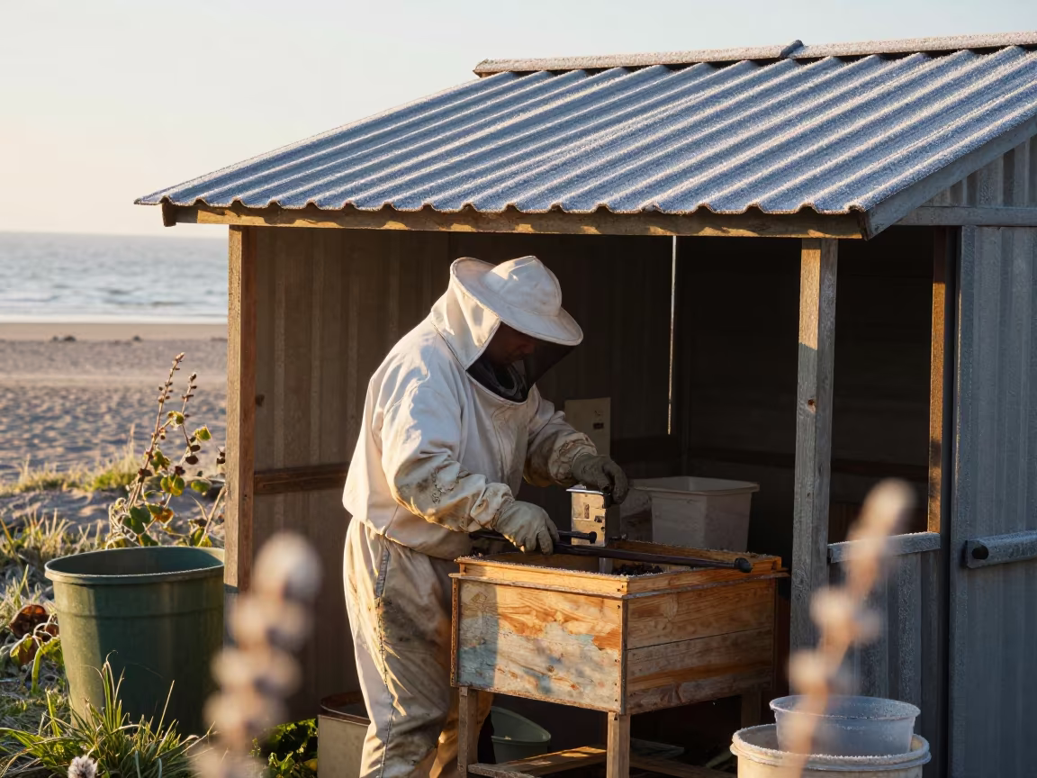 Beekeeper in Evening Light with Dust on Sleeves in along a beach near Moradabad