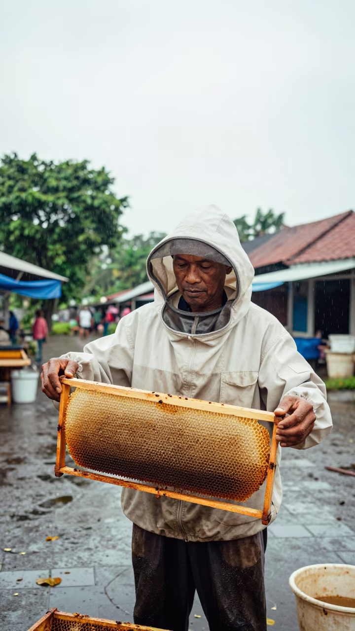 Beekeeper Holding Frame Near Glodok Square in at the edge of a village square near Glodok, Jakarta