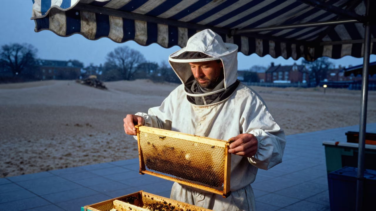 Beekeeper Holding Frame Under London Awning in under a striped market awning near London