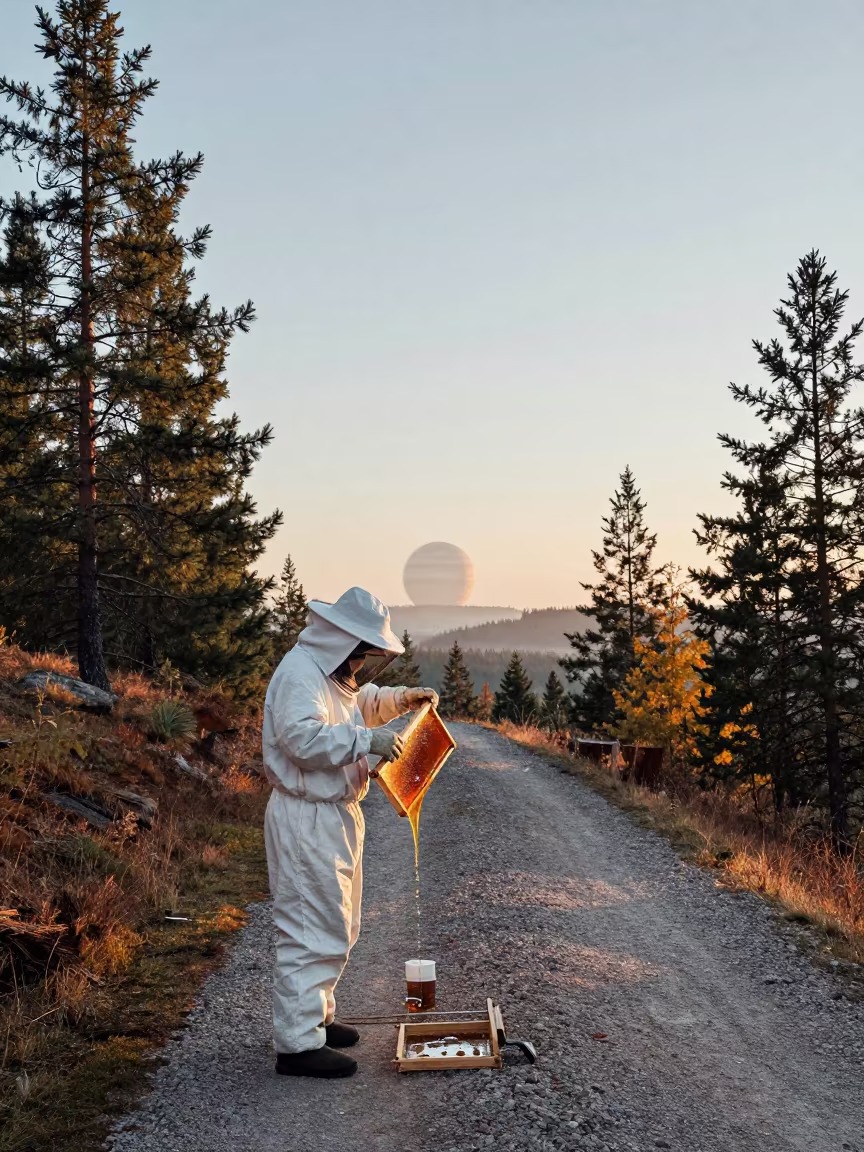 Beekeeper Honey Frame Ringed Planet Dawn in on a mountain path near Stockholm