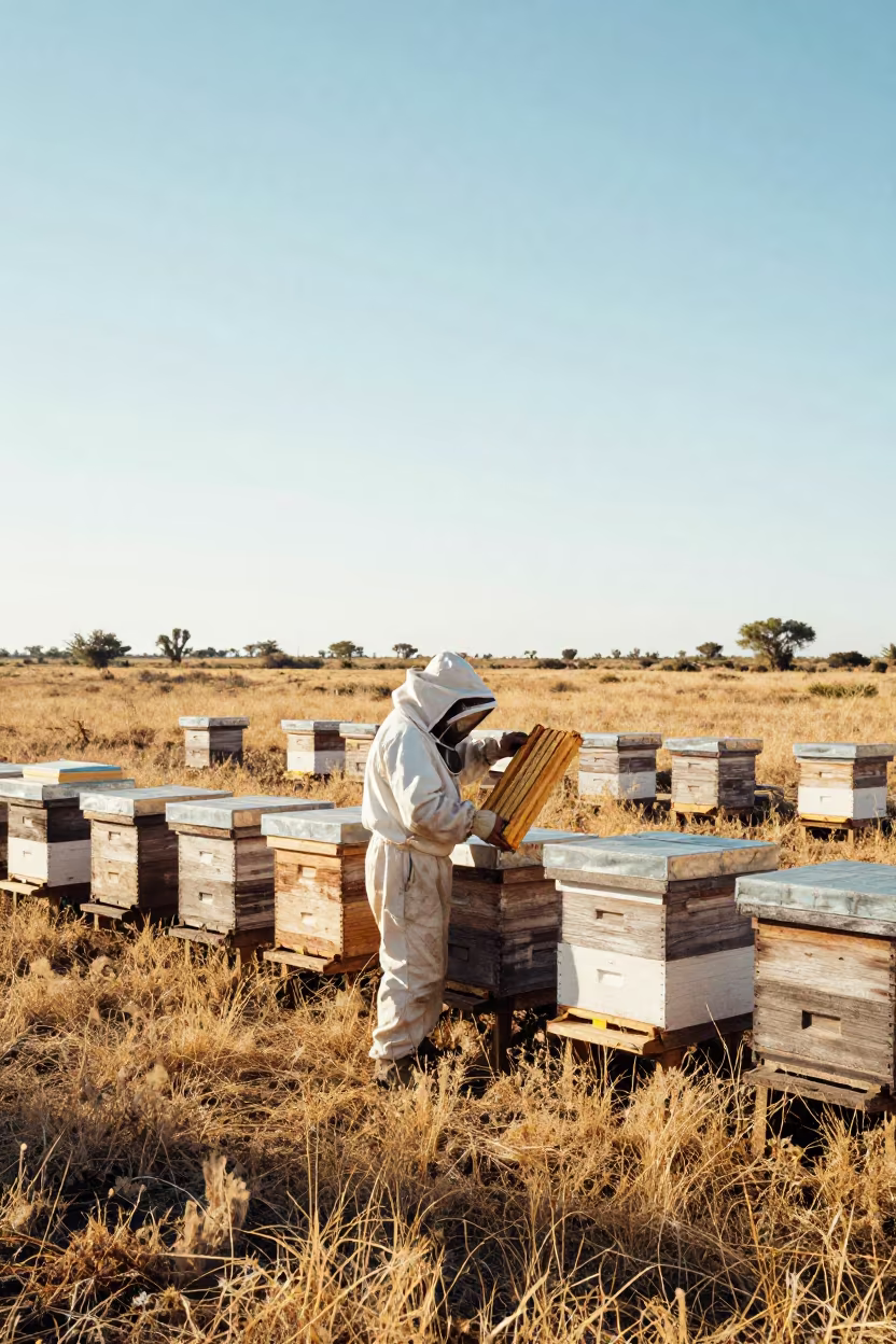 Beekeeper Inspecting Hives in Aguascalientes Fields in near open fields near Aguascalientes