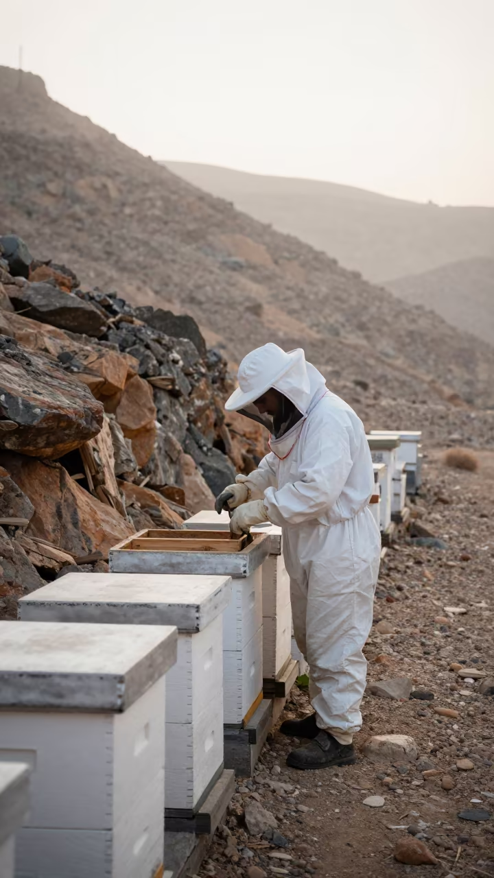Beekeeper Inspecting Hives on Sharjah Mountain Path in on a mountain path near Sharjah