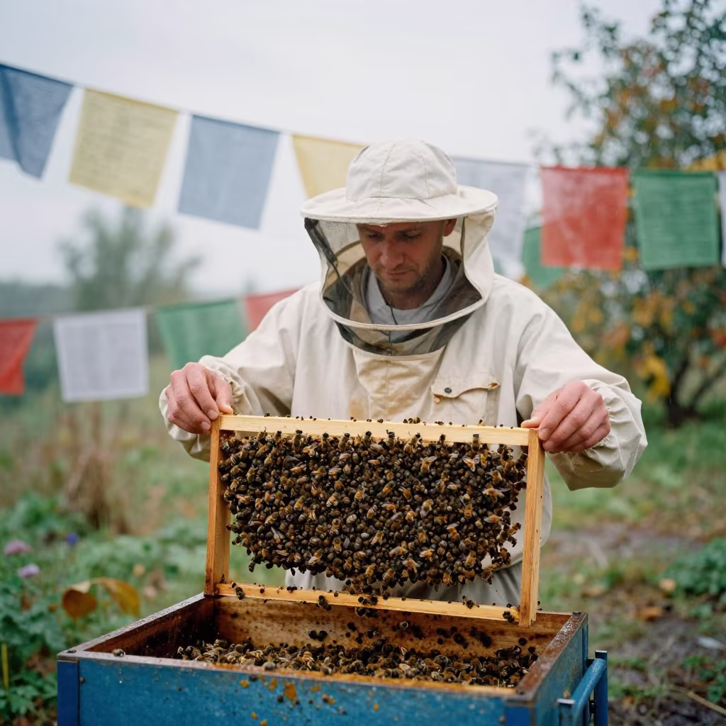 Beekeeper Lifting Frame Under Prayer Flags Yekaterinburg in beneath a line of prayer flags near Yekaterinburg